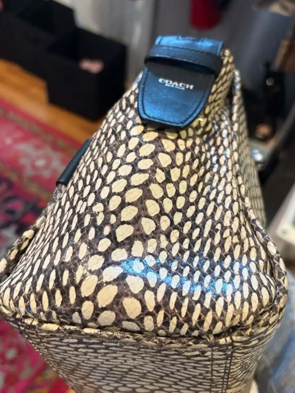 COACH F28303 Painted Snakeskin Leather Carryall Satchel Black & White